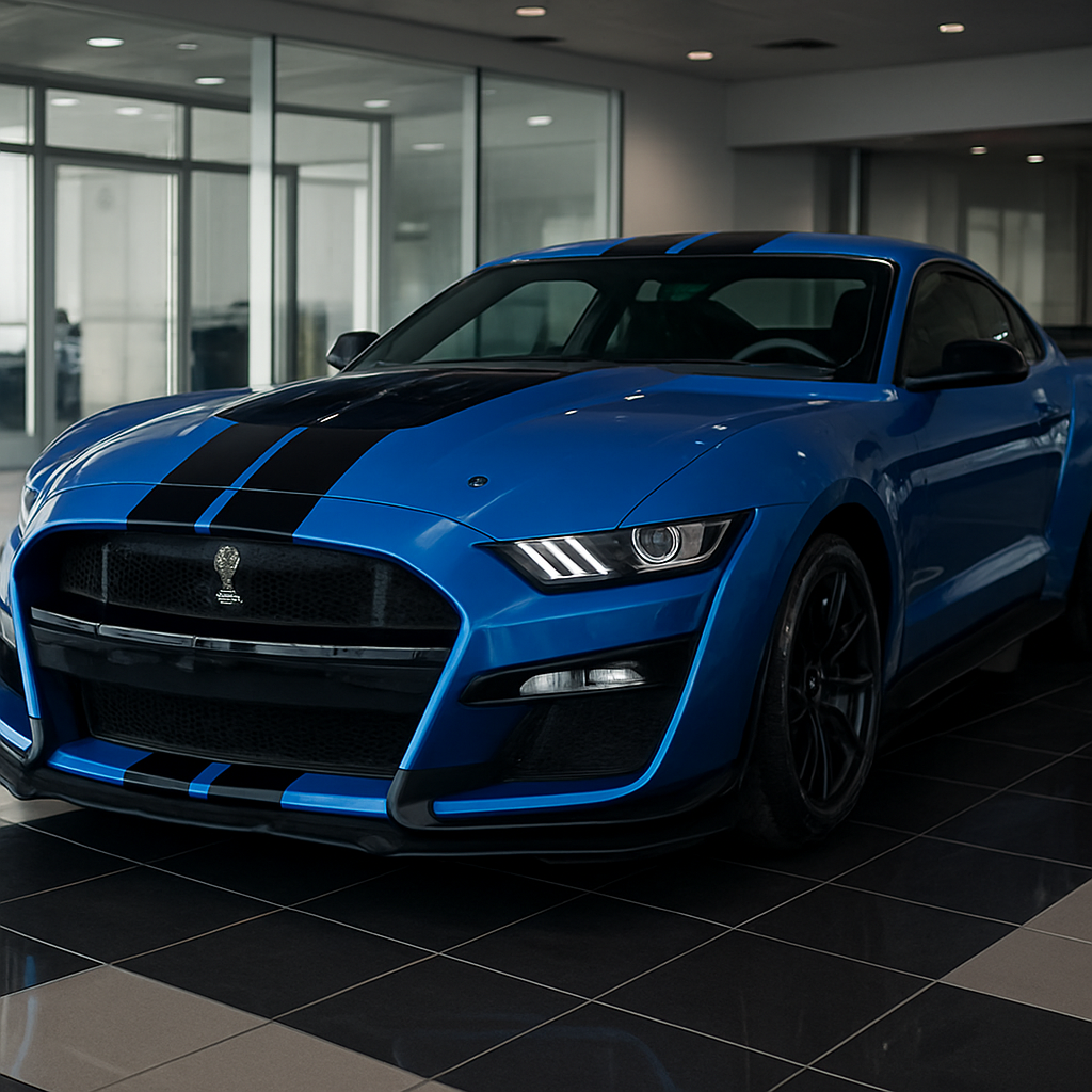 Blue performance muscle car in a professional auto showroom